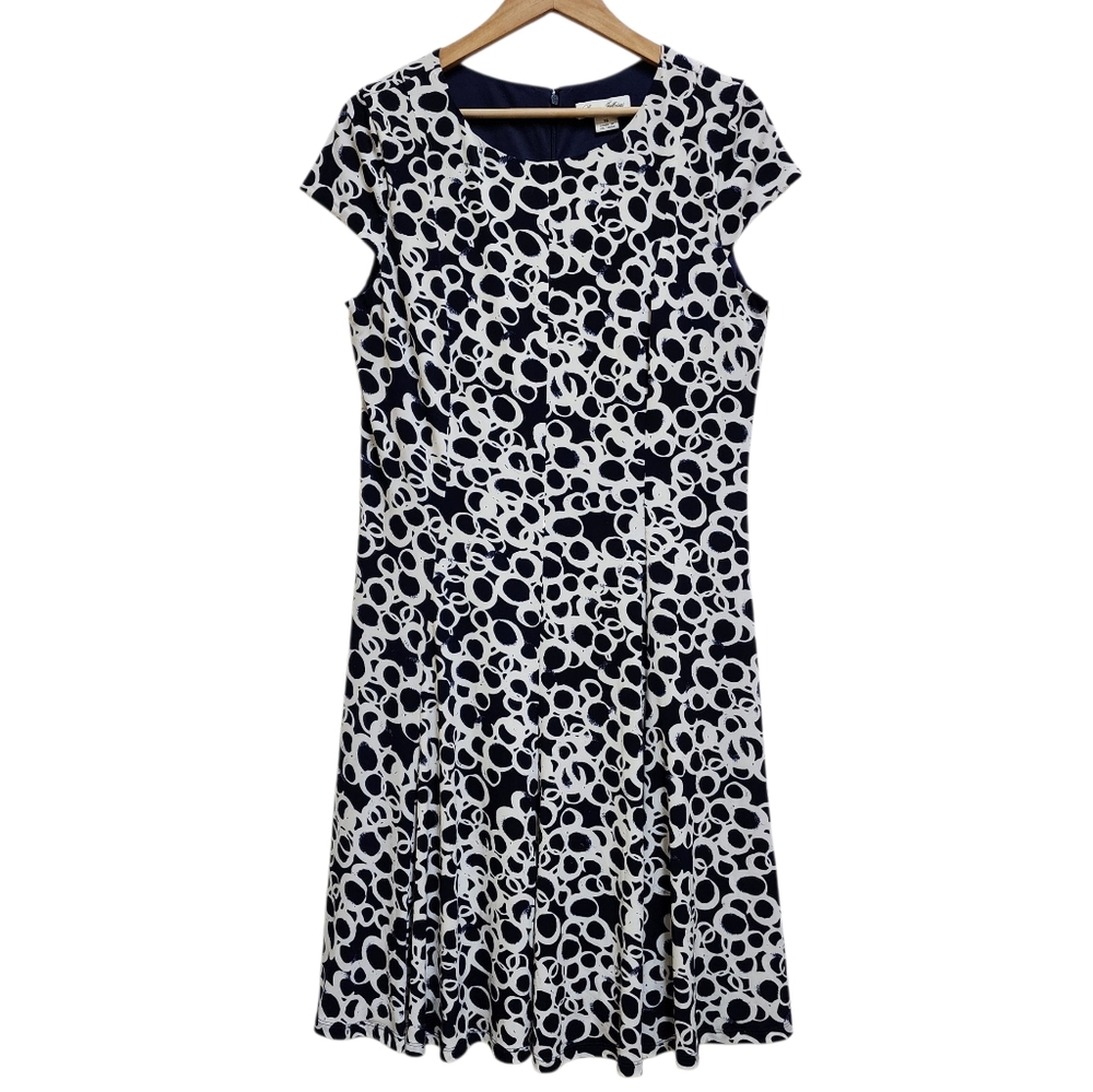 Laura Jeffries Dress Sz 16 Navy White Jersey Knit Geometric Cap Slv Flare Zip